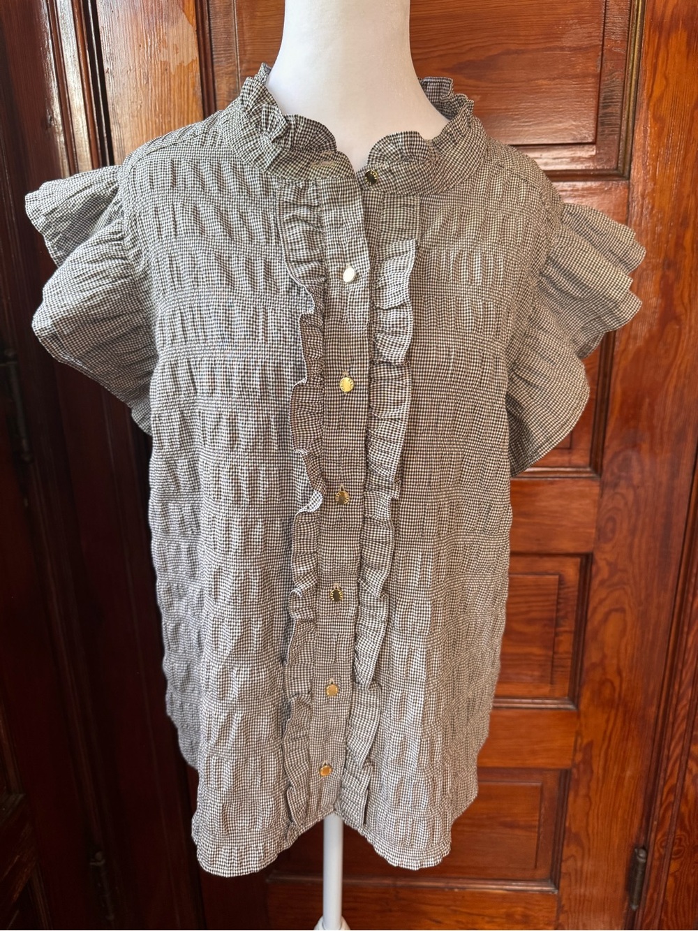 DKNY Gingham Ruffle Blouse with gold buttons